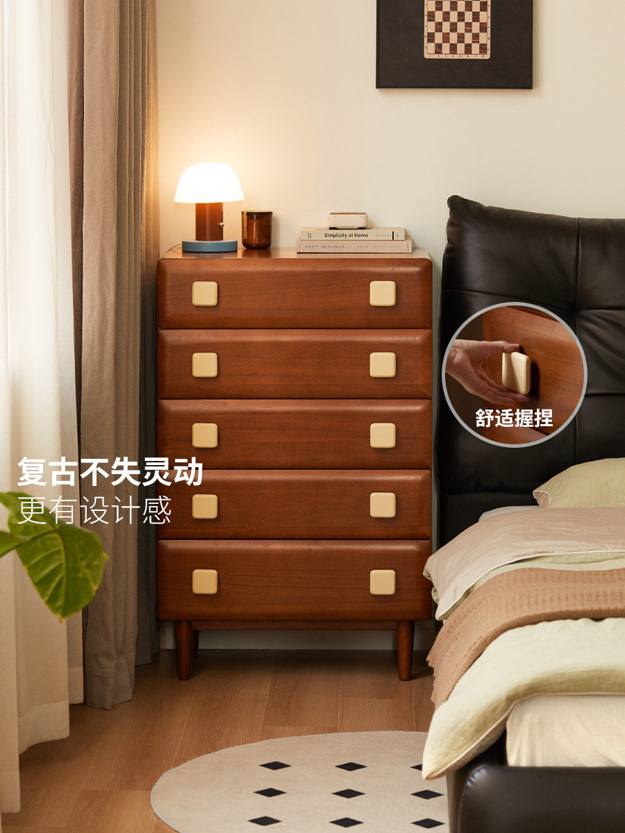 Solid Wood Vintage Color-Blocked Five-Drawer Chest, Bedroom Sideboard, Mid-Century Small Apartment Bed-End Storage Cabinet